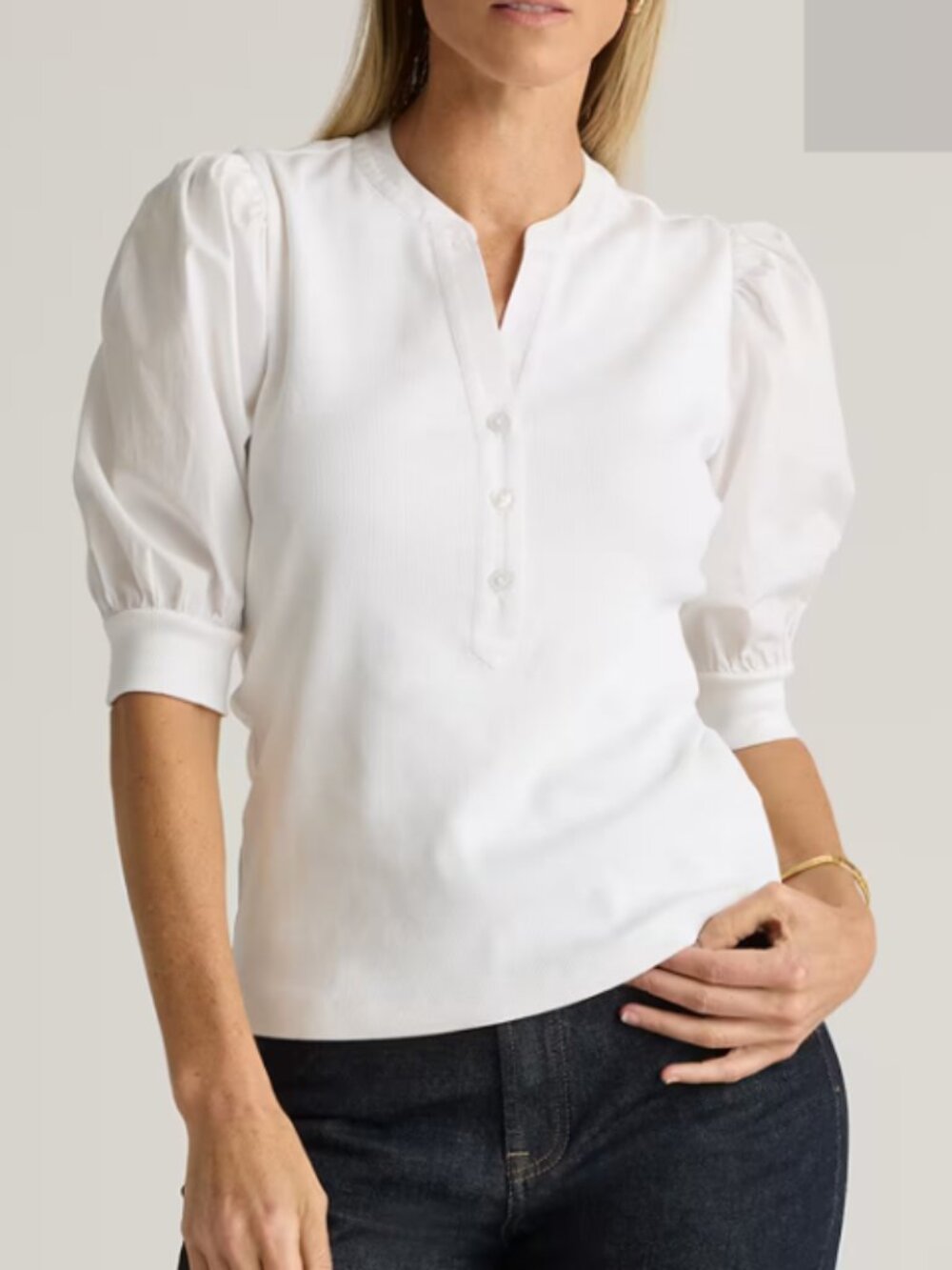 Quince Cotton Mixed Media Puff Sleeve Top White M NWT